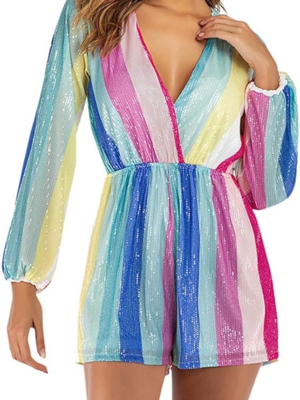 Multi-Color Sequin Striped V-Neck Romper